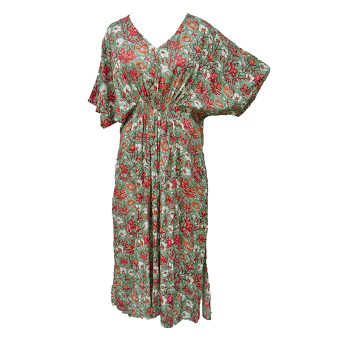 Stone Green Floral Smocked Maxi Dress Size 16-32 PL19