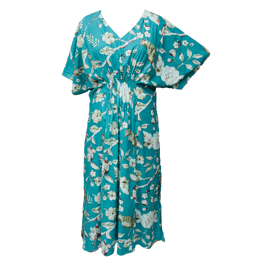 Teal Birds Cotton Smocked Maxi Dress Size 16-32 P210